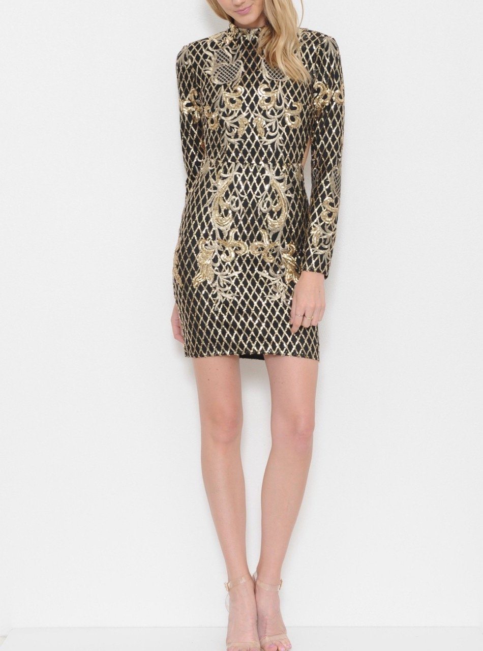 Khrizza Mini Dress - Sequin Gathered Dress in Gold